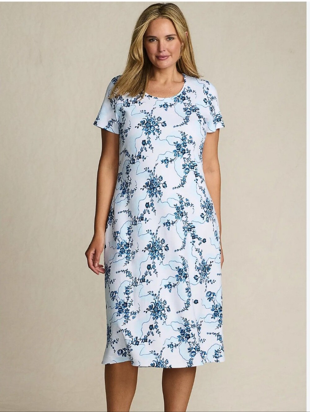 Lands' End Womens Cotton Blue-white Floral Short-Sleeve Midcalf Nightgown XL